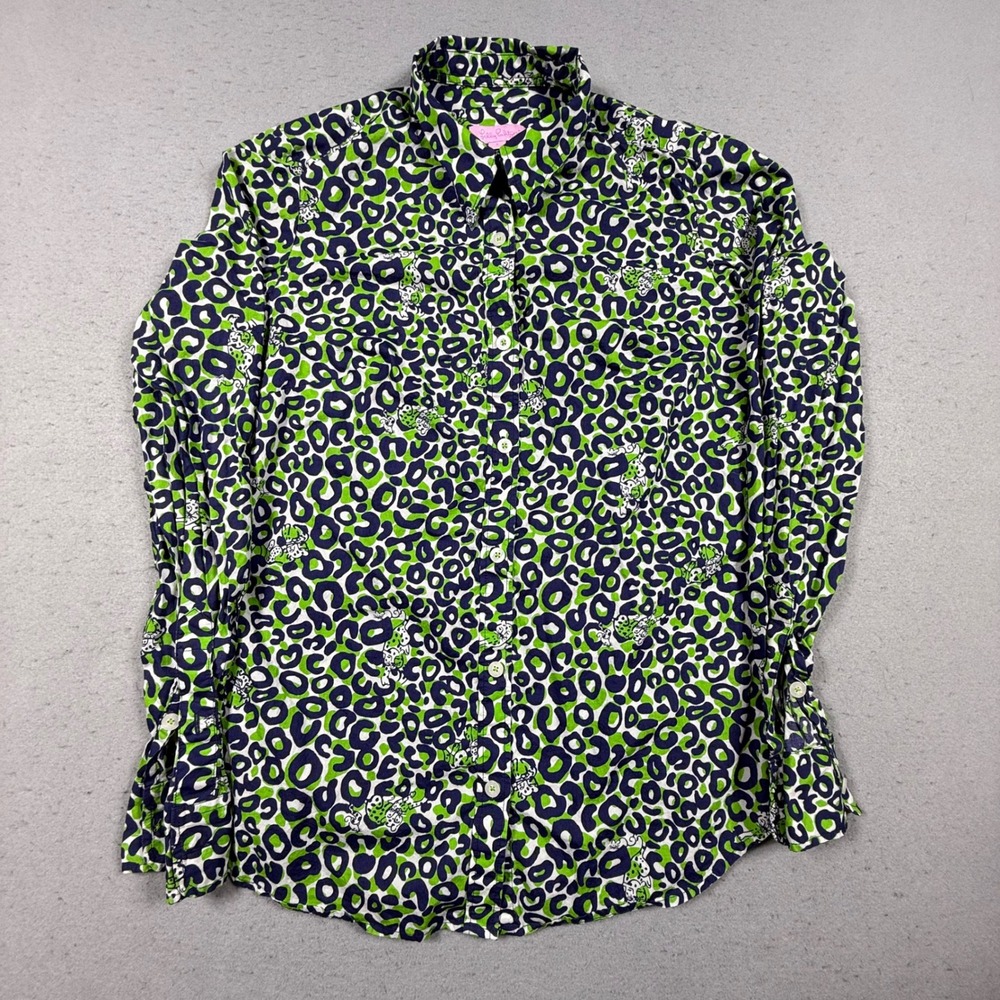 Lilly Pulitzer Leopard Animal Print Green Navy Blue Cotton Button Up Shirt 4 - Picture 2 of 9